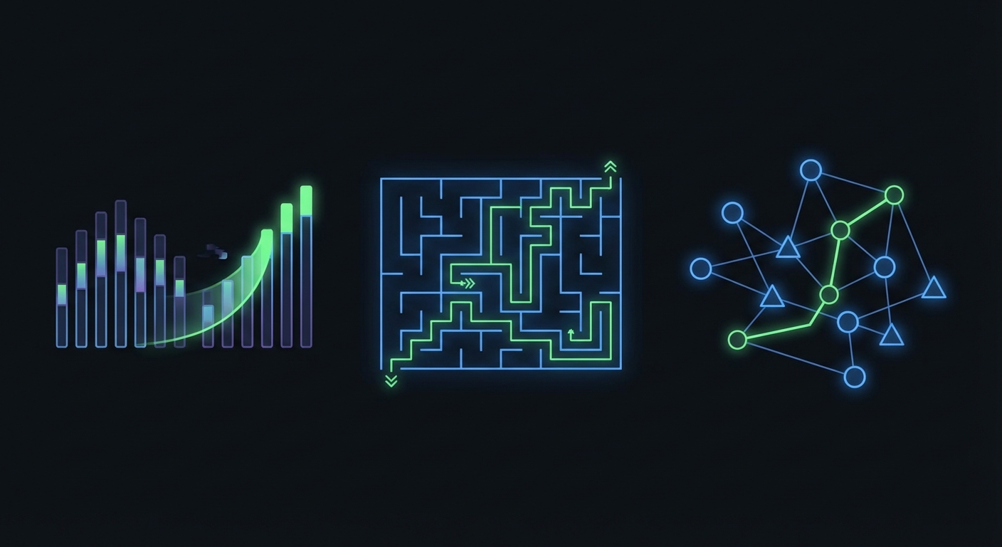 Algorithm visualization showing sorting bars, pathfinding maze, and graph network