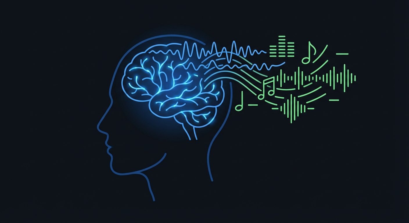 Brain-computer interface illustration with EEG waves transforming into music