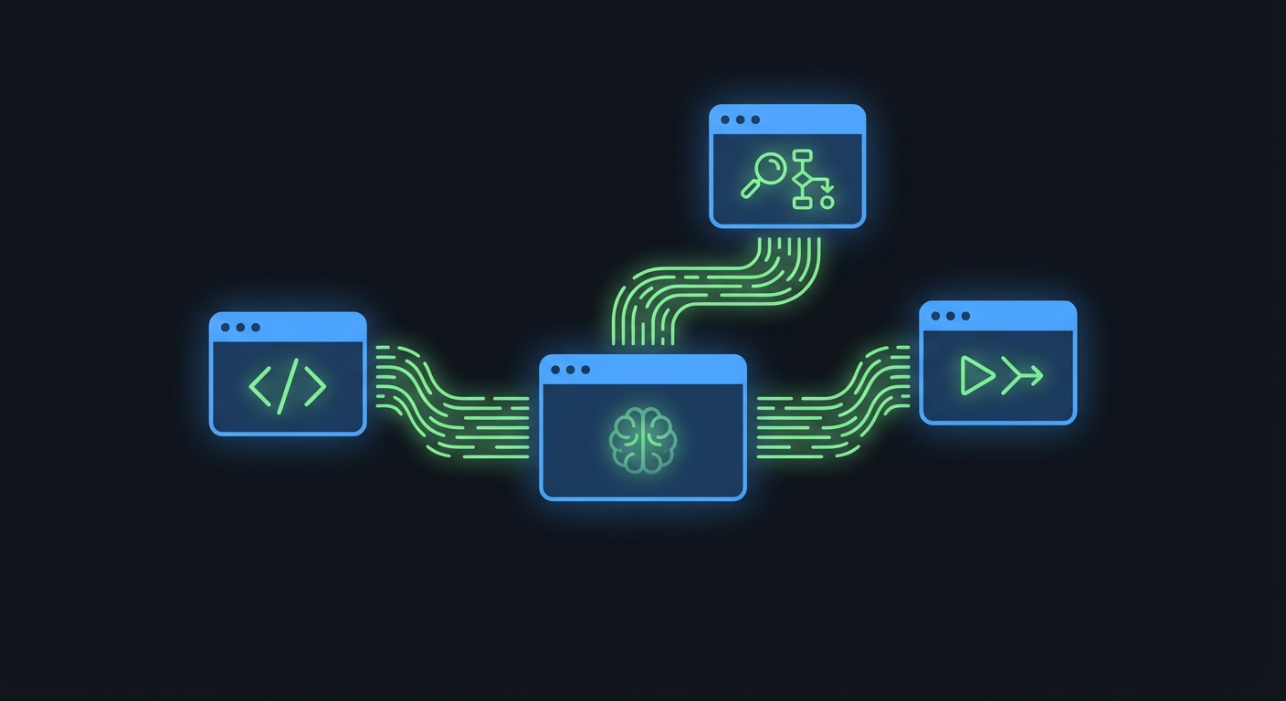 AI workflow illustration showing terminal windows connected by data streams